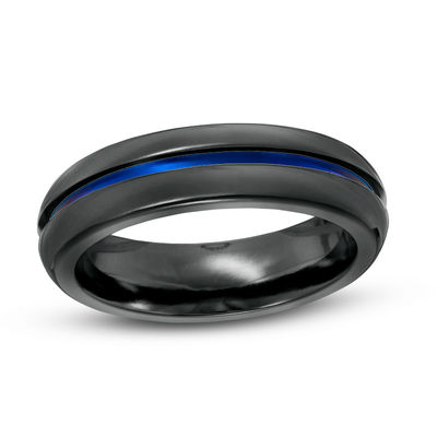 Radiance by Edward Mirell Men's 6.0mm Comfort Fit Blue Anodized Wedding  Band in Black Titanium