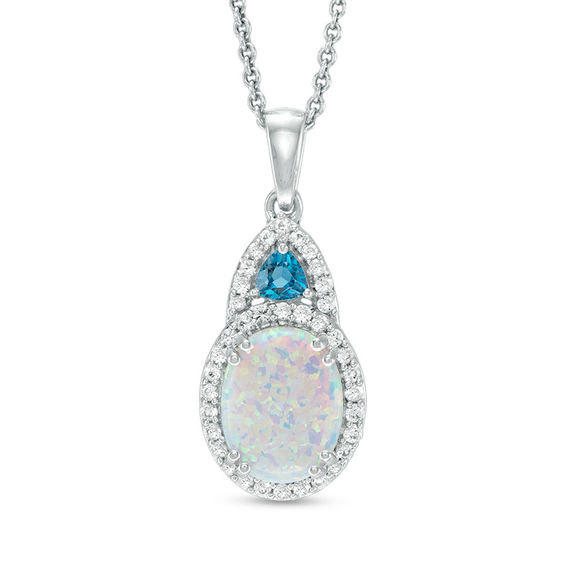 Oval Lab-Created Opal, White Sapphire and London Blue Topaz Pendant in Sterling Silver