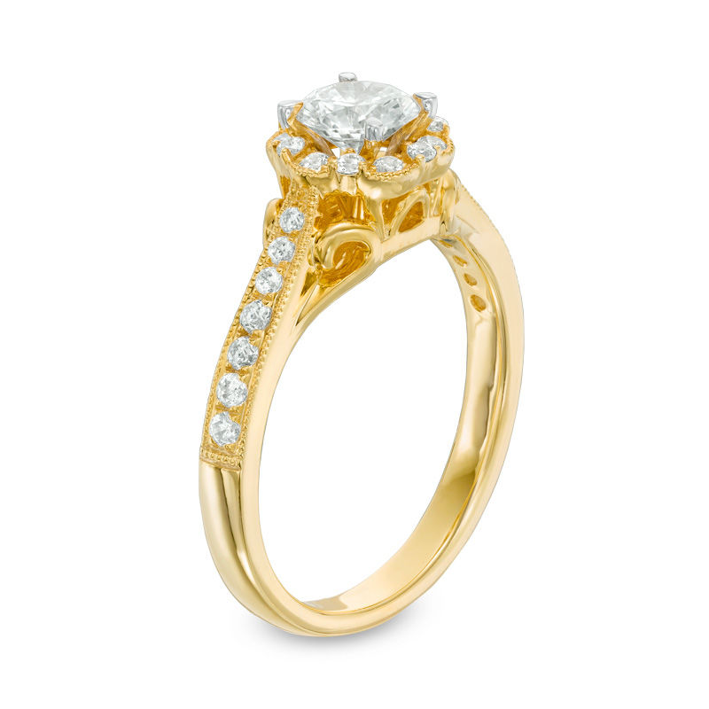 3/4 CT. T.W. Diamond Flower Frame Vintage-Style Engagement Ring in 14K Gold