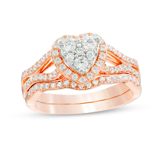 5/8 CT. T.w. Composite Diamond Heart Frame Bridal Set in 10K Rose Gold