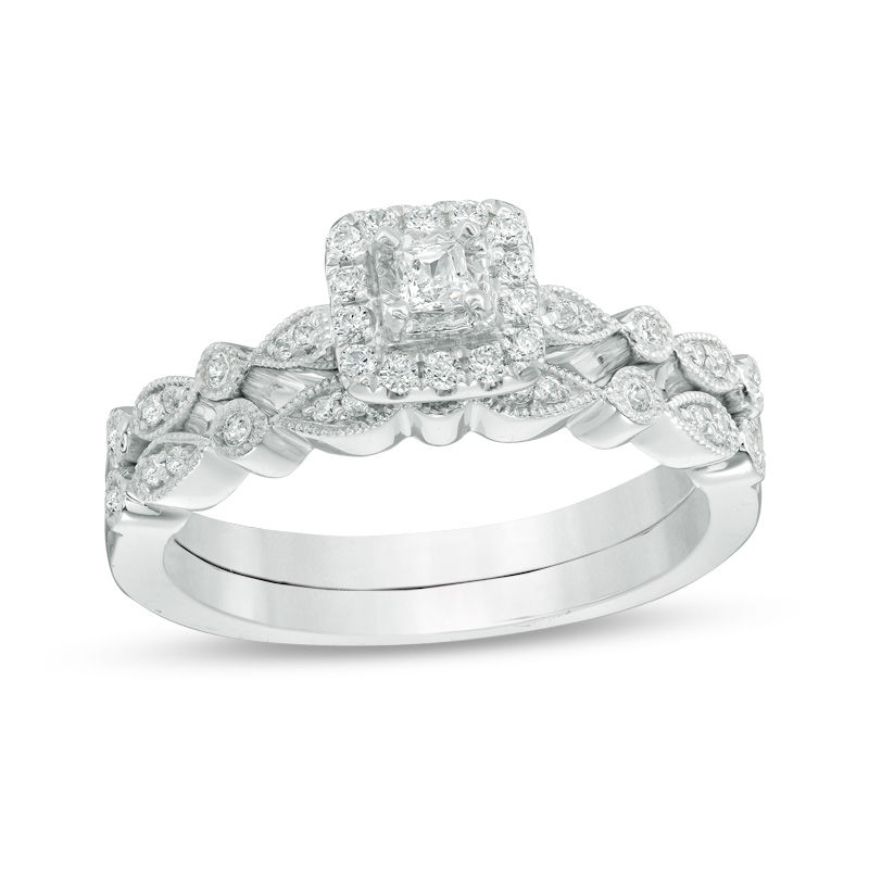 Main Image 1 of 3/8 CT. T.W. Princess-Cut Diamond Frame Vintage-Style Bridal Set in 10K White Gold