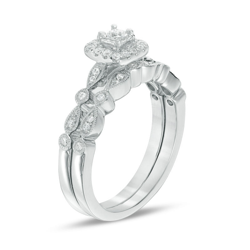 Main Image 2 of 3/8 CT. T.W. Princess-Cut Diamond Frame Vintage-Style Bridal Set in 10K White Gold