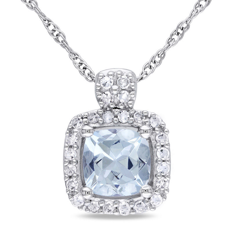 5.0mm Cushion-Cut Aquamarine and 1/10 CT. T.W. Diamond Frame Pendant in 10K White Gold - 17"