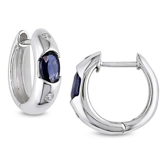 Oval Blue Sapphire and 1/20 CT. T.W. Diamond Huggie Hoop Earrings in 10K White Gold Oval Blue Sapphire and 1/20 CT. T.W. Diamond Huggie Hoop Earrings in 10K White Gold