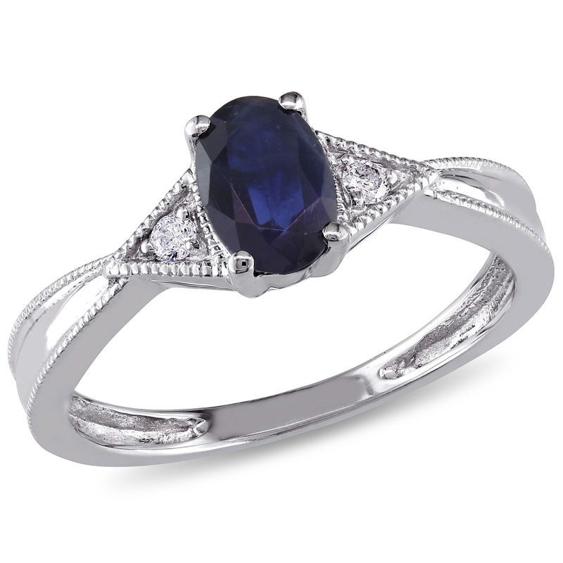 Oval Blue Sapphire and Diamond Accent Triangle Sides Vintage-Style Ring in 10K White Gold