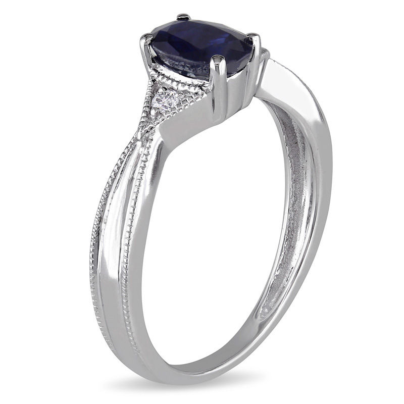 Oval Blue Sapphire and Diamond Accent Triangle Sides Vintage-Style Ring in 10K White Gold