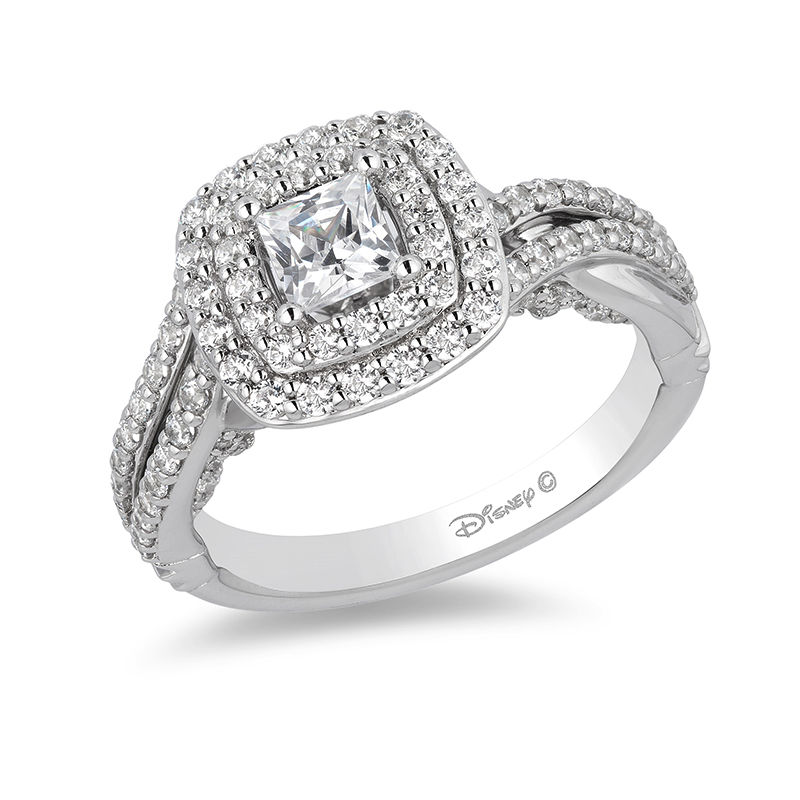 Main Image 1 of Enchanted Disney Cinderella 1-1/4 CT. T.W. Princess-Cut Diamond Double Frame Bypass Engagement Ring in 14K White Gold