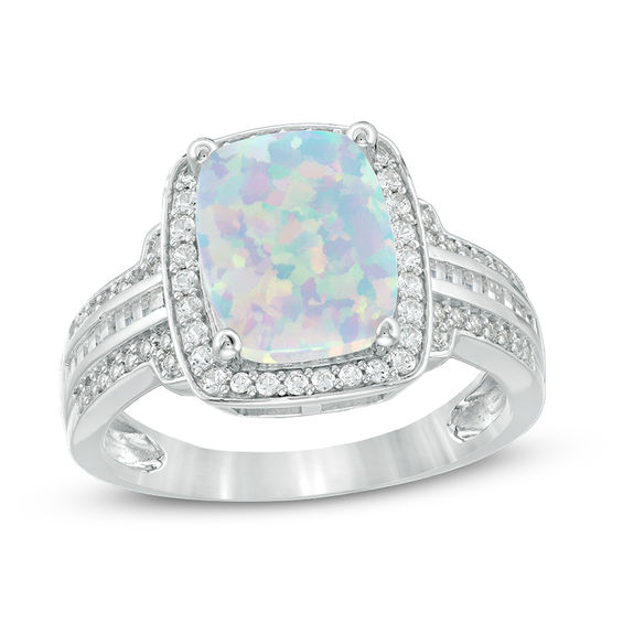 Cushion-Cut Lab-Created Opal and White Sapphire Frame Triple Row Ring in Sterling Silver