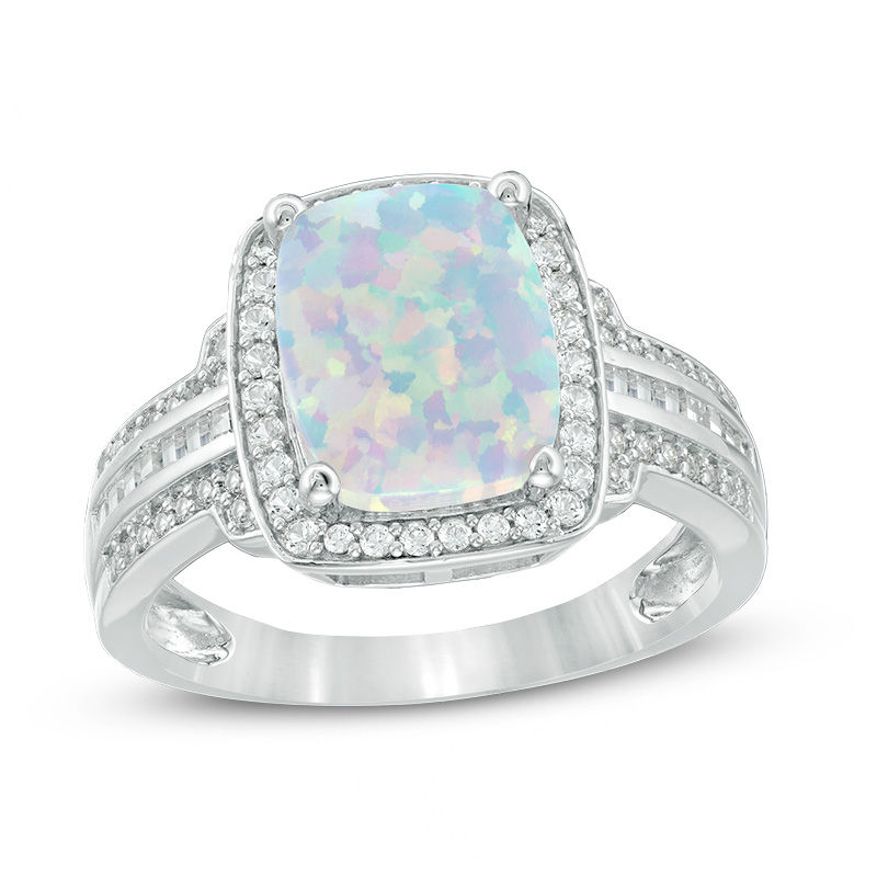 Main Image 1 of Cushion-Cut Lab-Created Opal and White Sapphire Frame Triple Row Ring in Sterling Silver
