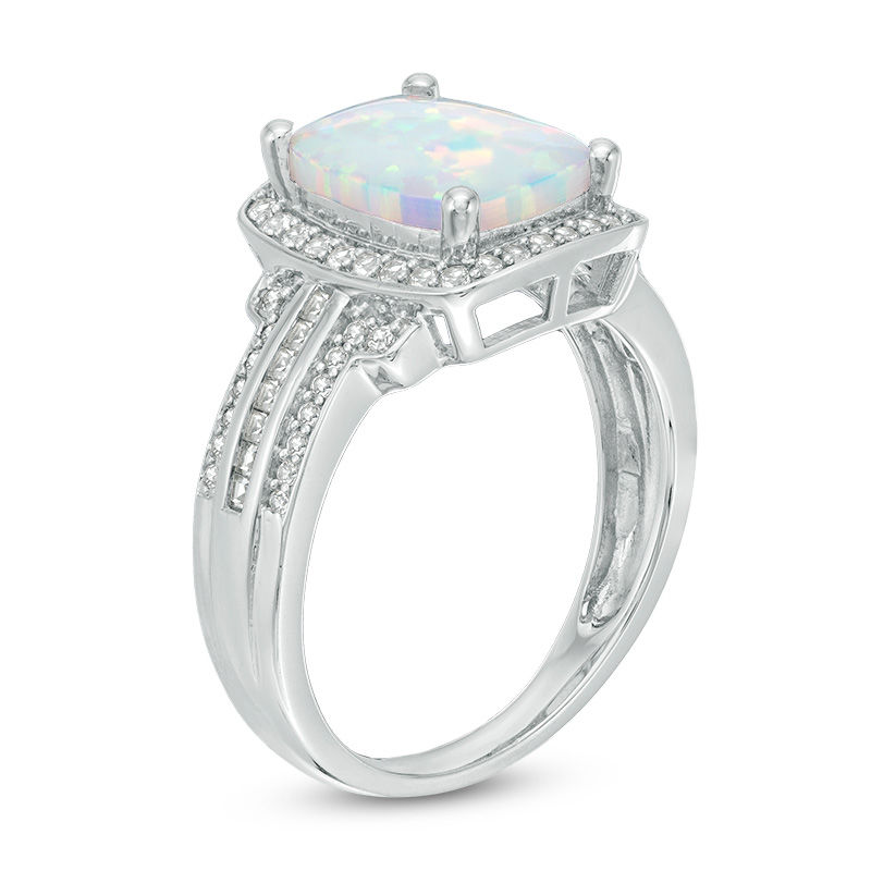 Main Image 2 of Cushion-Cut Lab-Created Opal and White Sapphire Frame Triple Row Ring in Sterling Silver