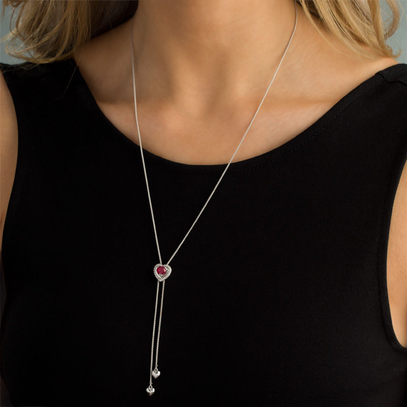 Main Image 2 of 5.0mm Lab-Created Ruby and White Sapphire Heart Lariat-Style Bolo Necklace in Sterling Silver - 26"