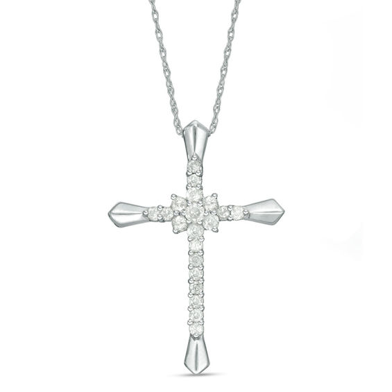 3/8 CT. T.w. Diamond Flower Cluster Cross Pendant in 10K White Gold