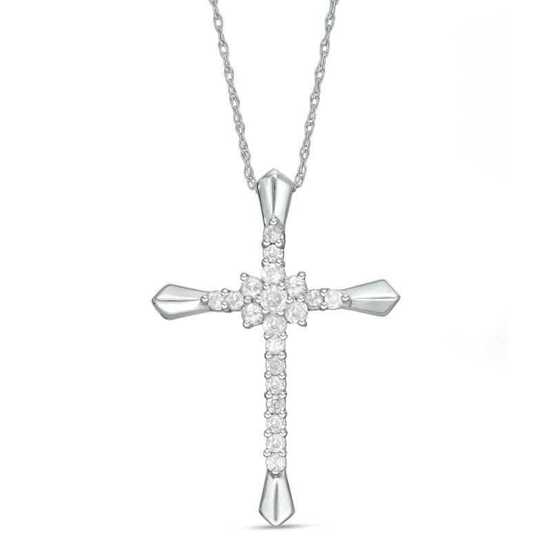 Main Image 1 of 3/8 CT. T.W. Diamond Flower Cluster Cross Pendant in 10K White Gold