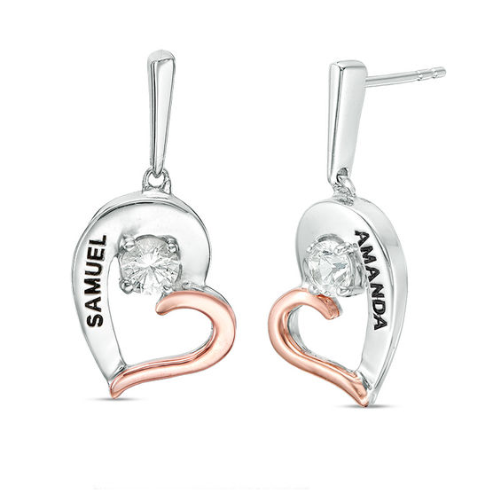 Couple's Simulated Birthstone Tilted Heart Drop Earrings in Sterling Silver and 10K Rose Gold (2 Stones and Names) Couple's Simulated Birthstone Tilted Heart Drop Earrings in Sterling Silver and 10K Rose Gold (2 Stones and Names)