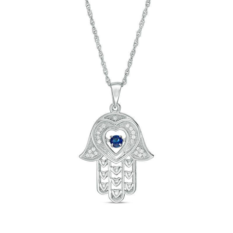 Lab-Created Blue and White Sapphire Hamsa Pendant in Sterling Silver