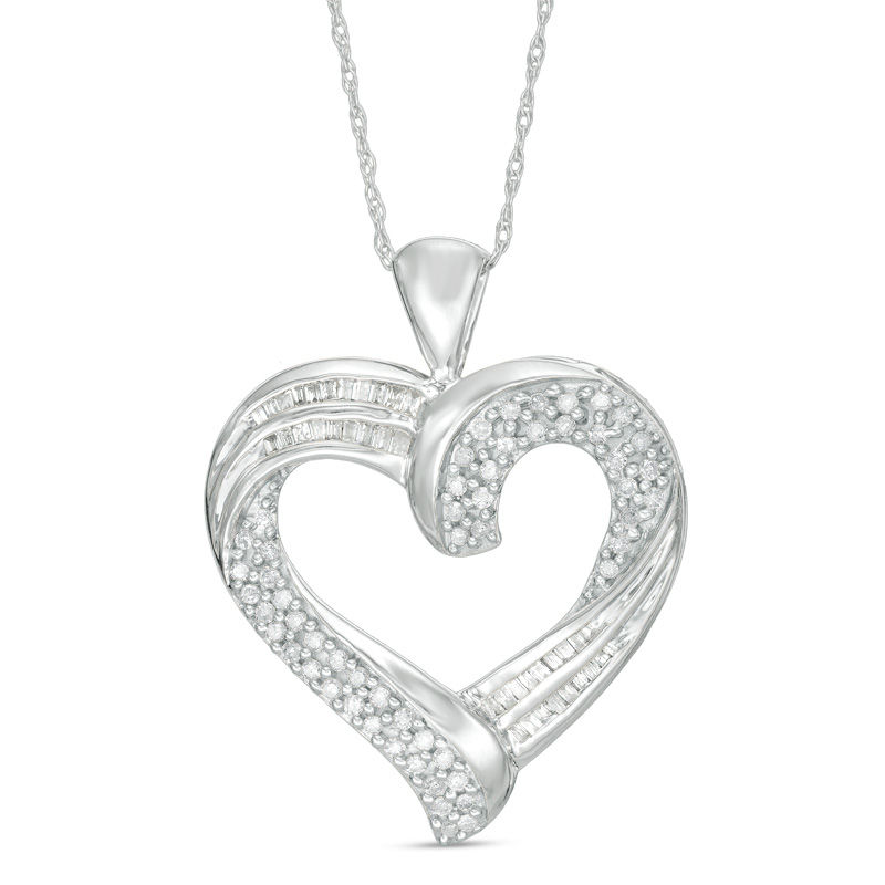 Main Image 1 of 1/2 CT. T.W. Baguette and Round Diamond Heart Pendant in 10K White Gold