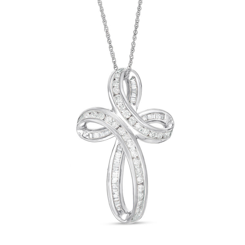 Main Image 1 of 3/4 CT. T.W. Baguette and Round Diamond Loop Cross Pendant in 10K White Gold