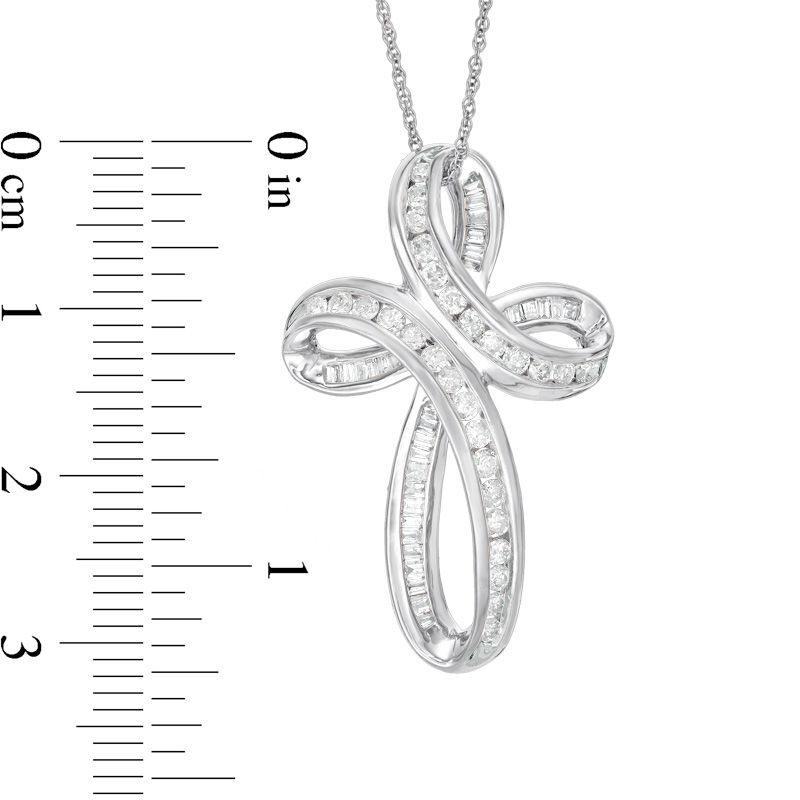 Main Image 2 of 3/4 CT. T.W. Baguette and Round Diamond Loop Cross Pendant in 10K White Gold