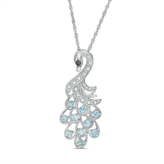 Blue Topaz, Lab-Created White Sapphire and Black Diamond Accent Peacock Pendant in Sterling Silver