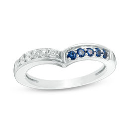 Lab-Created Blue and White Sapphire Chevron Band in Sterling Silver