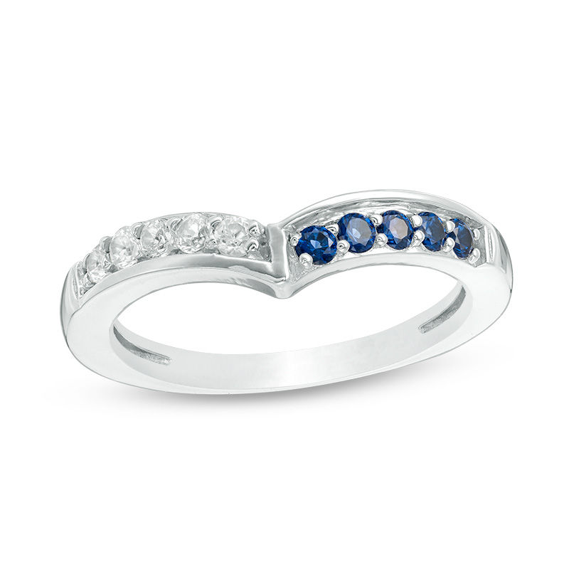 Lab-Created Blue and White Sapphire Chevron Band in Sterling Silver