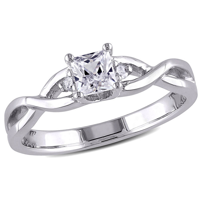 4.0mm Princess-Cut Lab-Created White Sapphire and 1/20 CT. T.W. Diamond Promise Ring in Sterling Silver