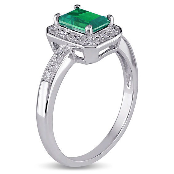 Emerald-Cut Lab-Created Emerald and 1/20 CT. T.w. Diamond Frame Ring in Sterling Silver