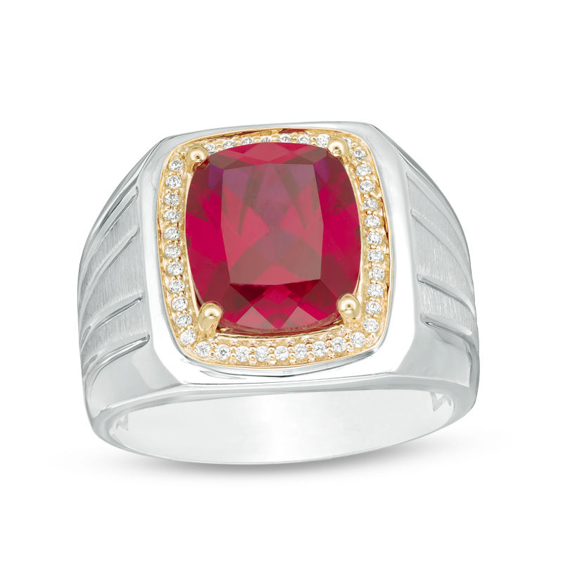 Men's Cushion-Cut Lab-Created Ruby and 1/6 CT. T.W. Diamond Signet Ring in Sterling Silver and 10K Gold