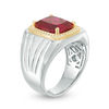 Thumbnail Image 1 of Men's Cushion-Cut Lab-Created Ruby and 1/6 CT. T.W. Diamond Signet Ring in Sterling Silver and 10K Gold