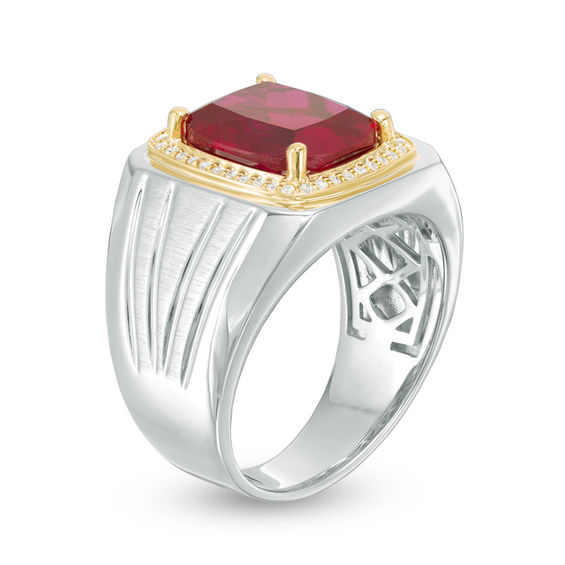 Cushion-Cut Lab-Created Ruby and 1/6 CT. T.w. Diamond Signet Ring in Sterling Silver and 10K Gold