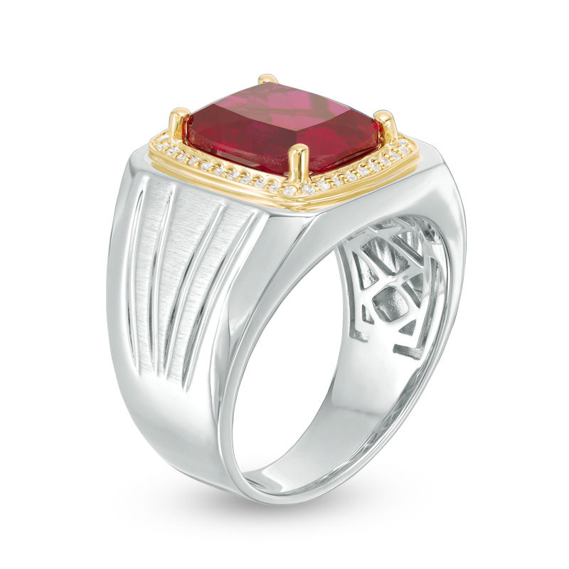 Men's Cushion-Cut Lab-Created Ruby and 1/6 CT. T.W. Diamond Signet Ring in Sterling Silver and 10K Gold