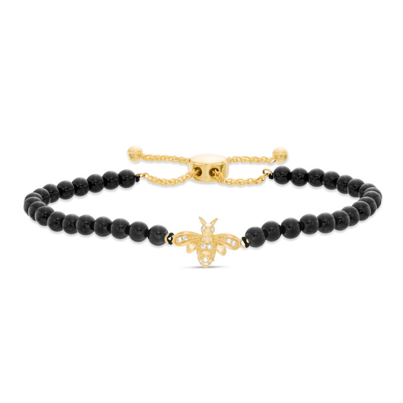 3.5-4.0mm Black Agate Bead and Lab-Created White Sapphire Bee Bolo Bracelet in Sterling Silver and 18K Gold Plate - 9.0"