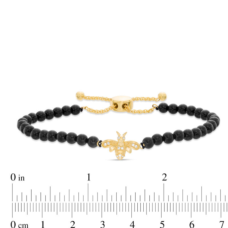 3.5-4.0mm Black Agate Bead and Lab-Created White Sapphire Bee Bolo Bracelet in Sterling Silver and 18K Gold Plate - 9.0"