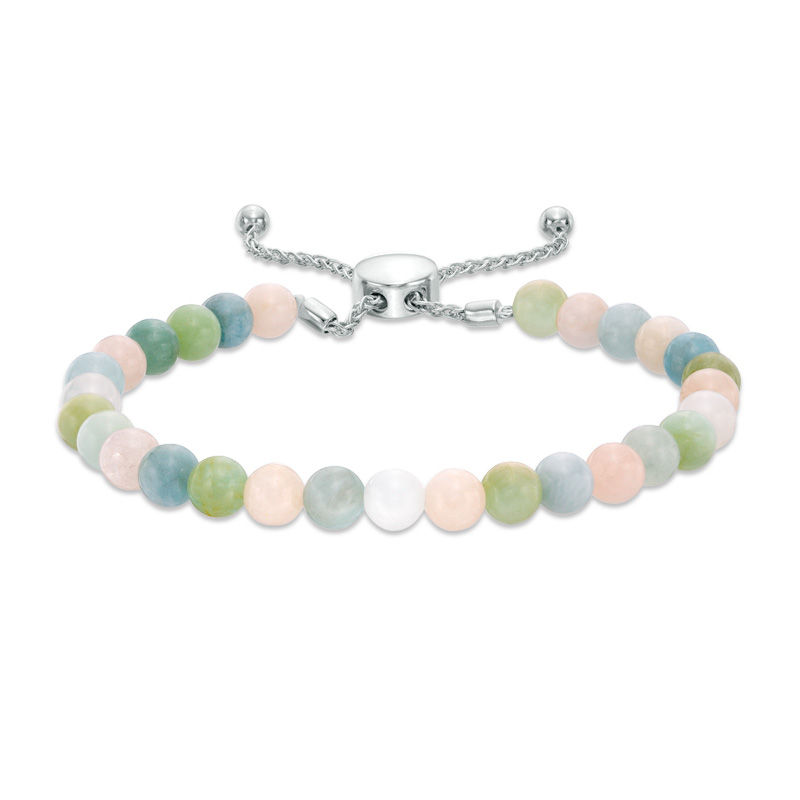 Main Image 1 of 5.5 - 6.0mm Morganite and Polished Bead Bolo Bracelet in Sterling Silver - 9.0"