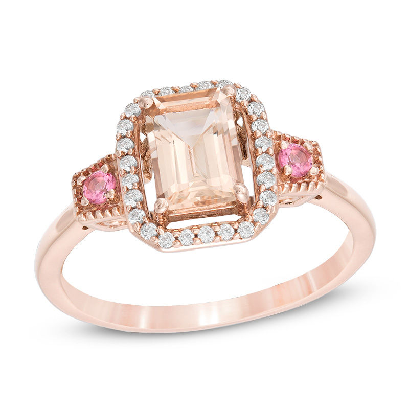 Main Image 1 of Octagonal Morganite, Tourmaline and 1/6 CT. T.W. Diamond Frame Three Stone Ring in 10K Rose Gold