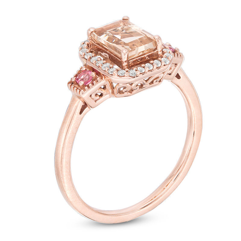 Main Image 2 of Octagonal Morganite, Tourmaline and 1/6 CT. T.W. Diamond Frame Three Stone Ring in 10K Rose Gold