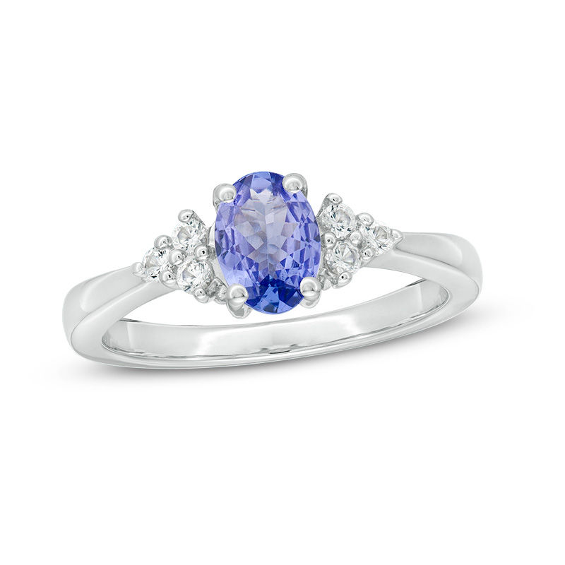 Main Image 1 of Oval Tanzanite and Lab-Created White Sapphire Tri-Sides Ring in Sterling Silver