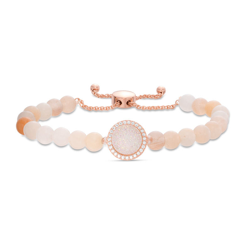 Drusy Quartz, Pink Aventurine and Lab-Created White Sapphire Bolo Bracelet in Sterling Silver with 18K Rose Gold Plate