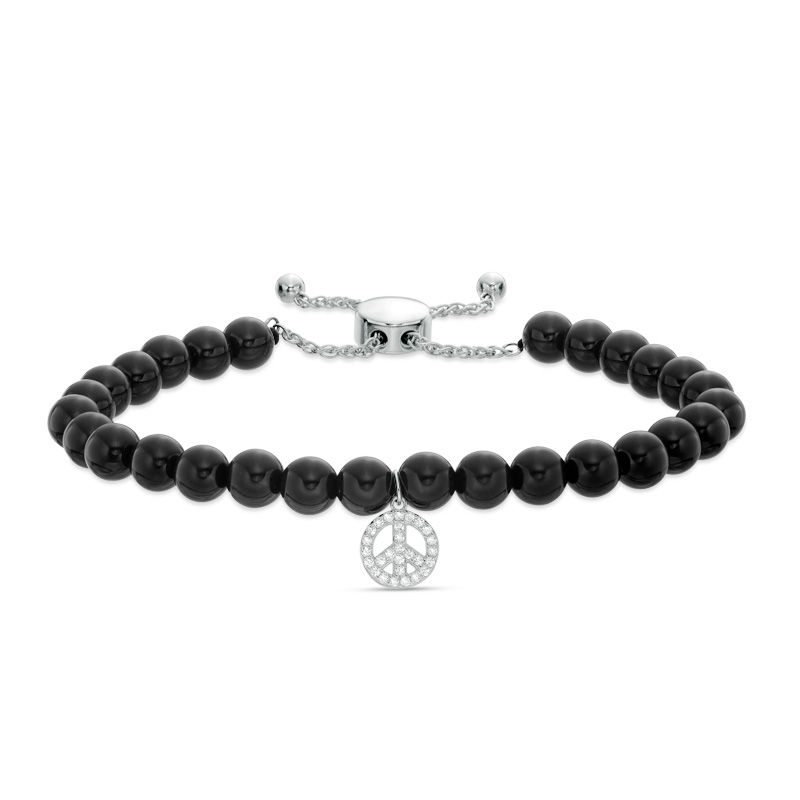 Main Image 1 of 5.5 - 6.0mm Black Agate Bead and Lab-Created White Sapphire Peace Sign Bolo Bracelet in Sterling Silver - 9.0"