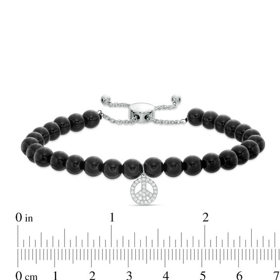 5.5 - 6.0mm Black Agate Bead and Lab-Created White Sapphire Peace Sign Bolo Bracelet in Sterling Silver - 9.0"