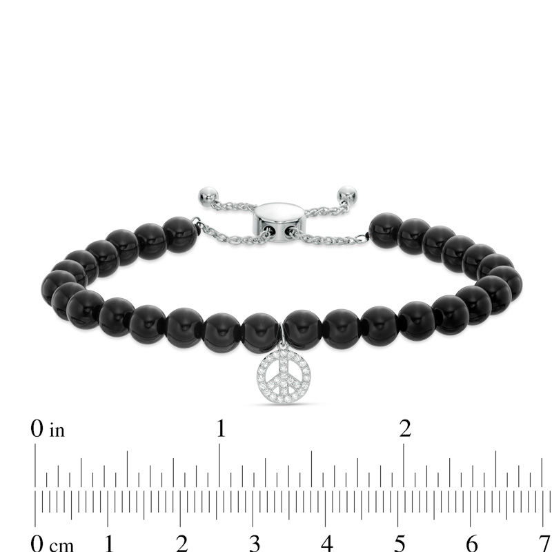 Main Image 2 of 5.5 - 6.0mm Black Agate Bead and Lab-Created White Sapphire Peace Sign Bolo Bracelet in Sterling Silver - 9.0"