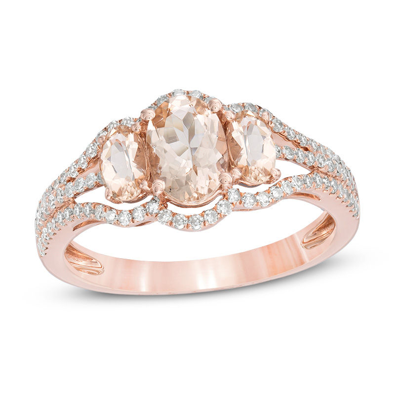 Oval Morganite and 1/3 CT. T.W. Diamond Three Stone Ring in 10K Rose Gold