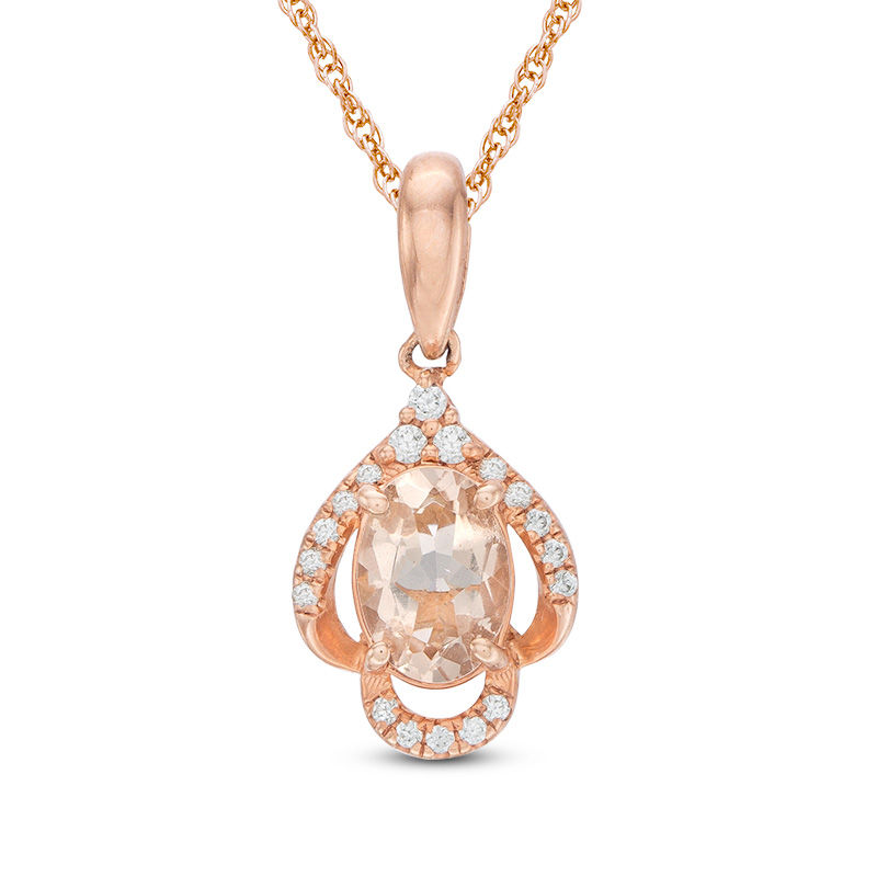 Main Image 1 of Oval Morganite and 1/10 CT. T.W. Diamond Scallop Pendant in 10K Rose Gold