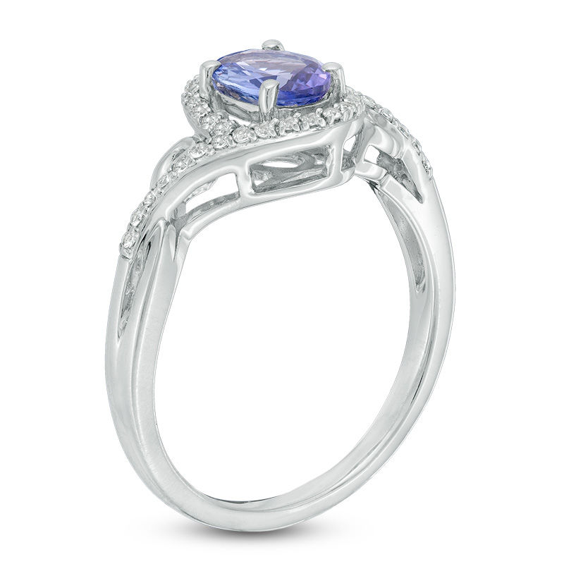 Main Image 2 of Oval Tanzanite and Lab-Created White Sapphire Scroll Ring in 10K White Gold
