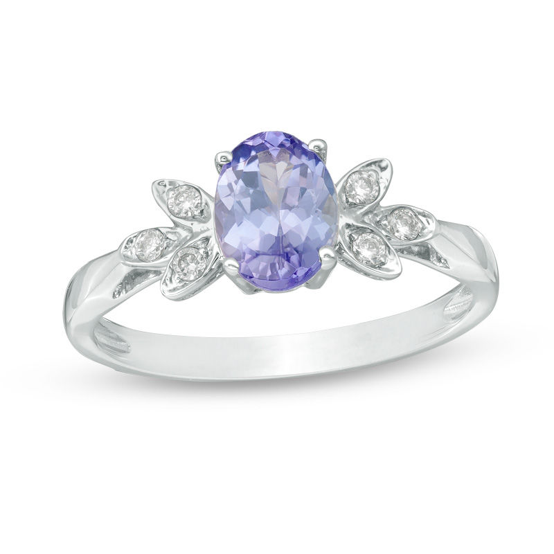 Main Image 1 of Oval Tanzanite and 1/10 CT. T.W. Diamond Petals Ring in 10K White Gold