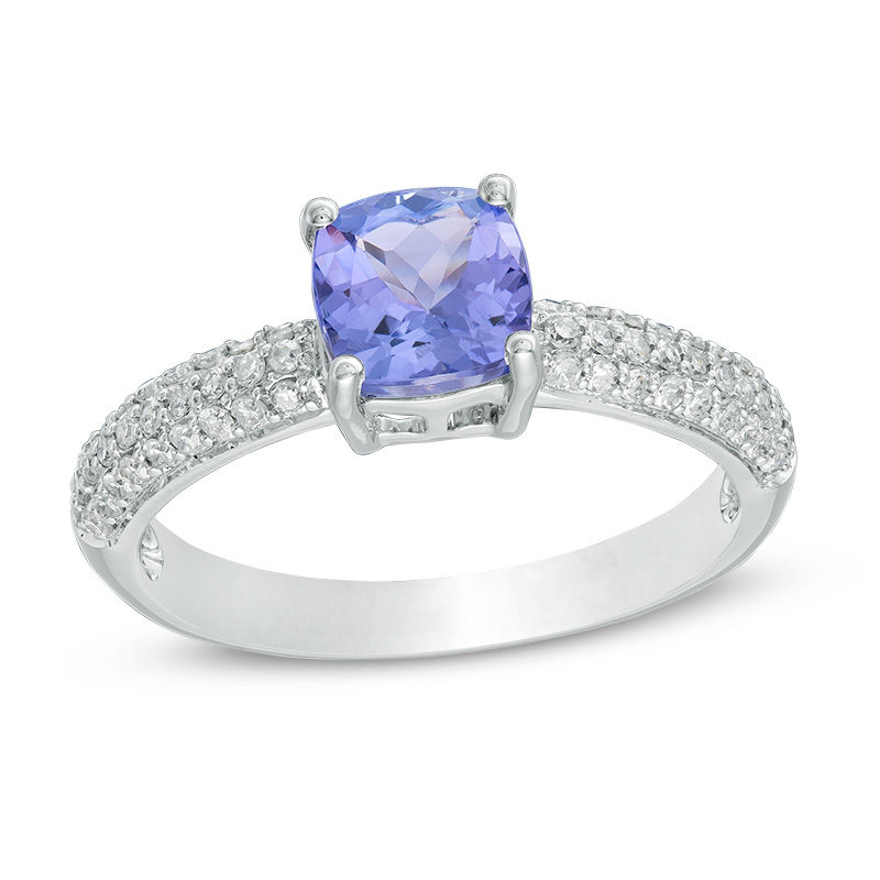 Main Image 1 of 6.0mm Cushion-Cut Tanzanite and 1/4 CT. T.W. Diamond Ring in 10K White Gold