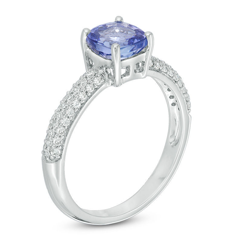 Main Image 2 of 6.0mm Cushion-Cut Tanzanite and 1/4 CT. T.W. Diamond Ring in 10K White Gold