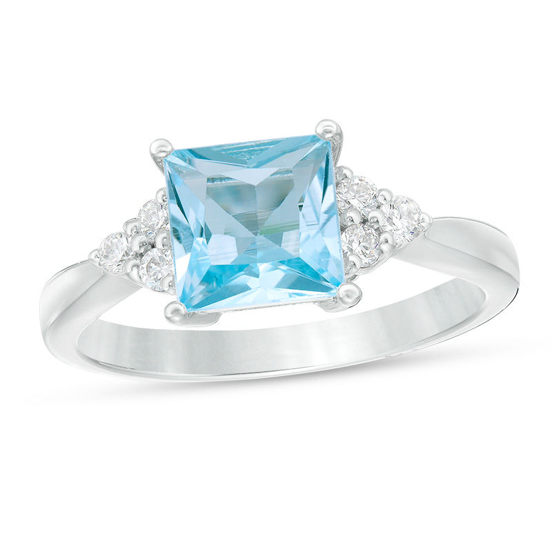 Main Image 1 of 7.0mm Princess-Cut Blue Topaz and Lab-Created White Sapphire Tri-Sides Ring in Sterling Silver