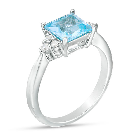 7.0mm Princess-Cut Blue Topaz and Lab-Created White Sapphire Tri-Sides Ring in Sterling Silver
