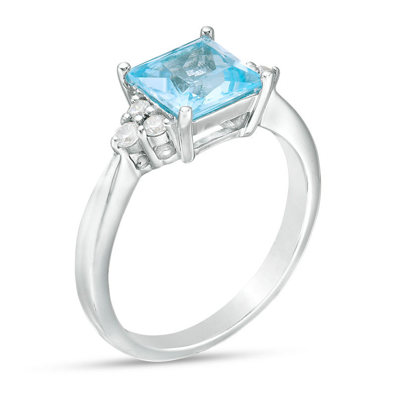 Main Image 2 of 7.0mm Princess-Cut Blue Topaz and Lab-Created White Sapphire Tri-Sides Ring in Sterling Silver